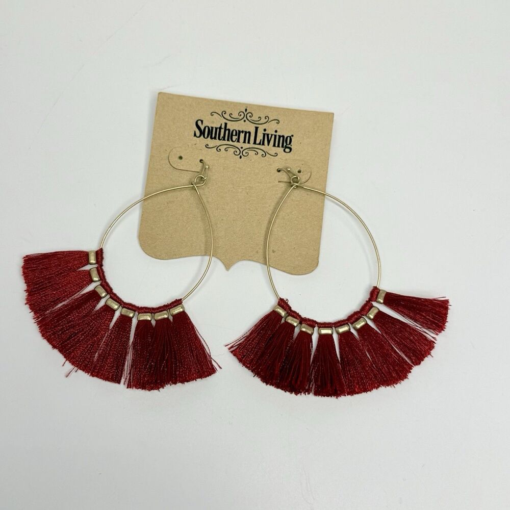 Southern Living Gold Tone Red Colored Fringe Front Hoop Dangle Earrings New